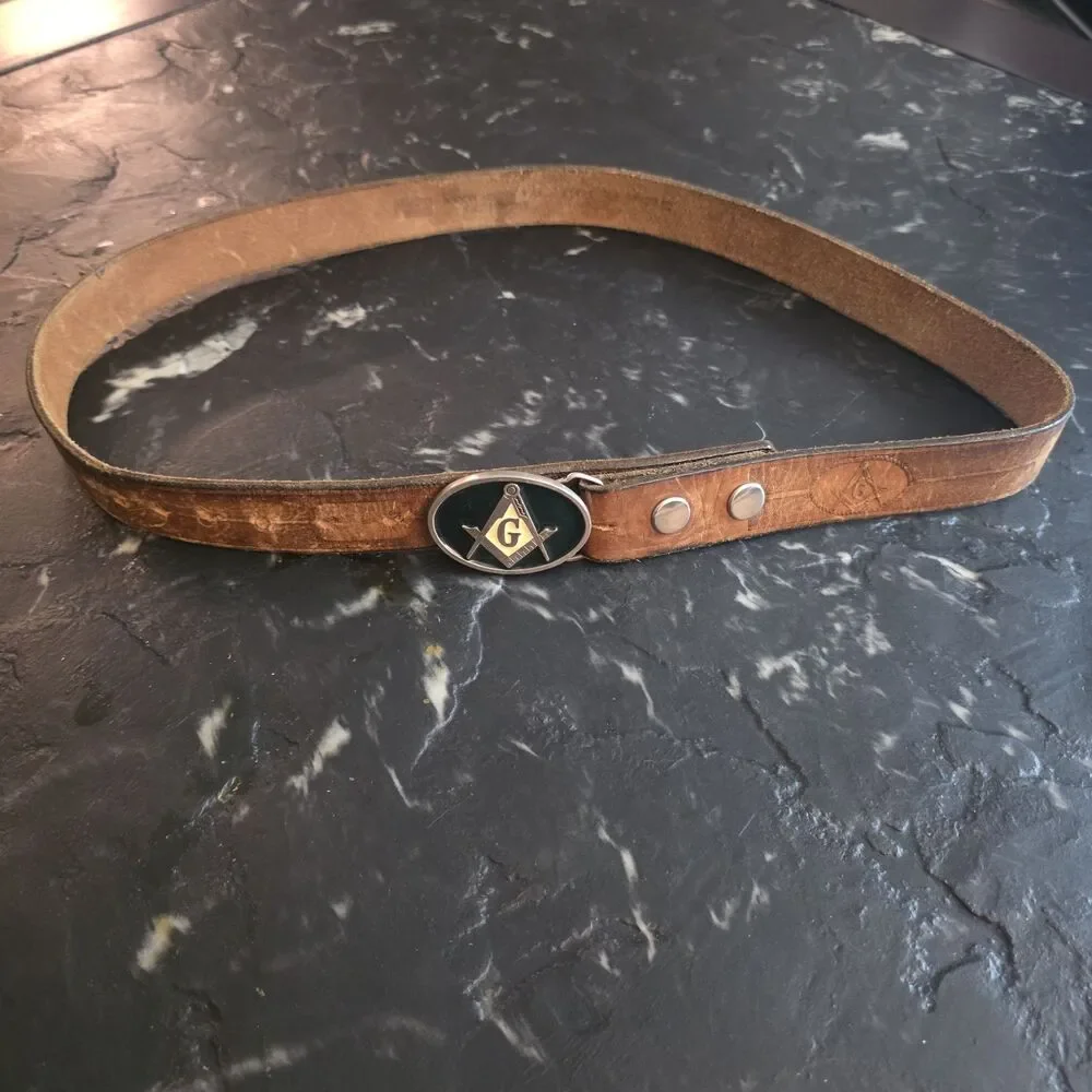 Vintage Masonic Freemason Handcrafted Leather Belt Square Compass Buckle 42in